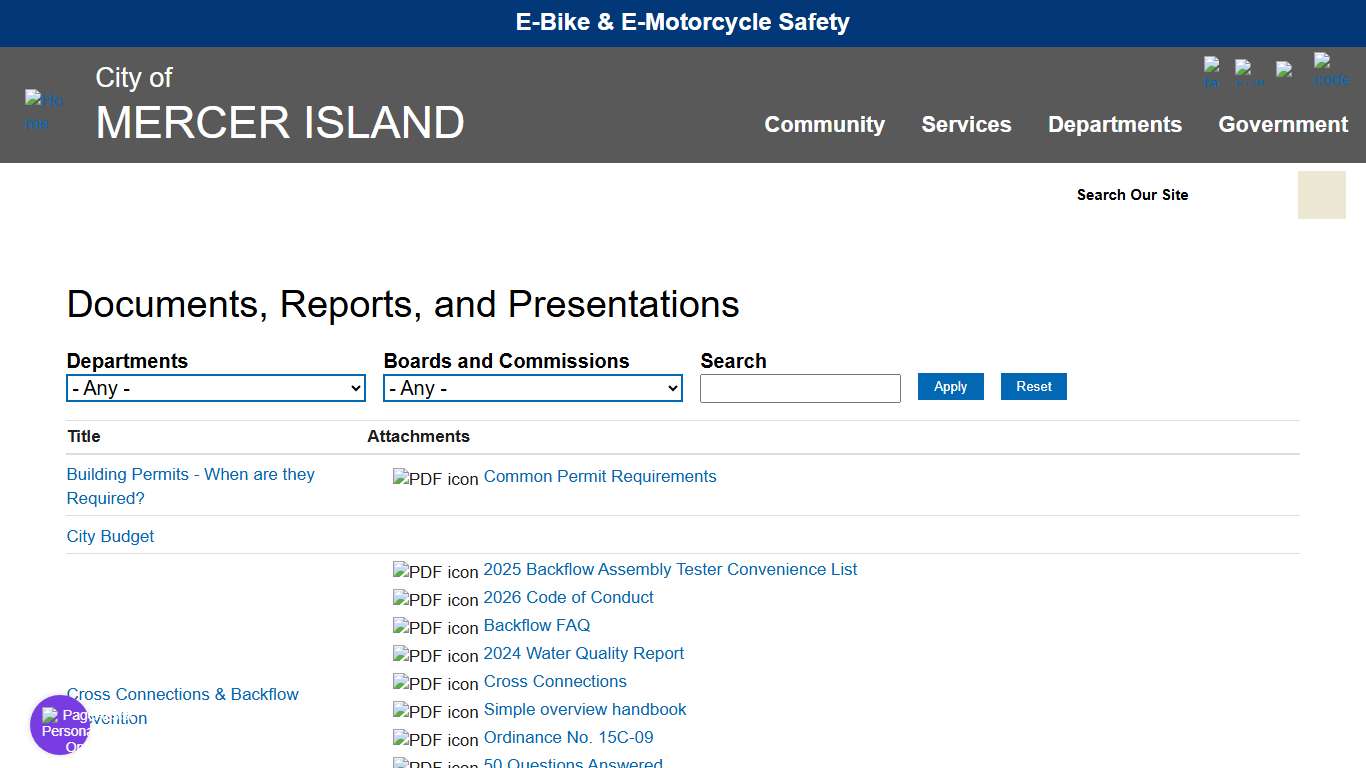 Documents, Reports, and Presentations Mercer Island, Washington